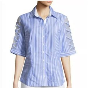 Finley Blue and White Stripes 1/2 Sleeves Mesh Button Down Shirt Women L Office